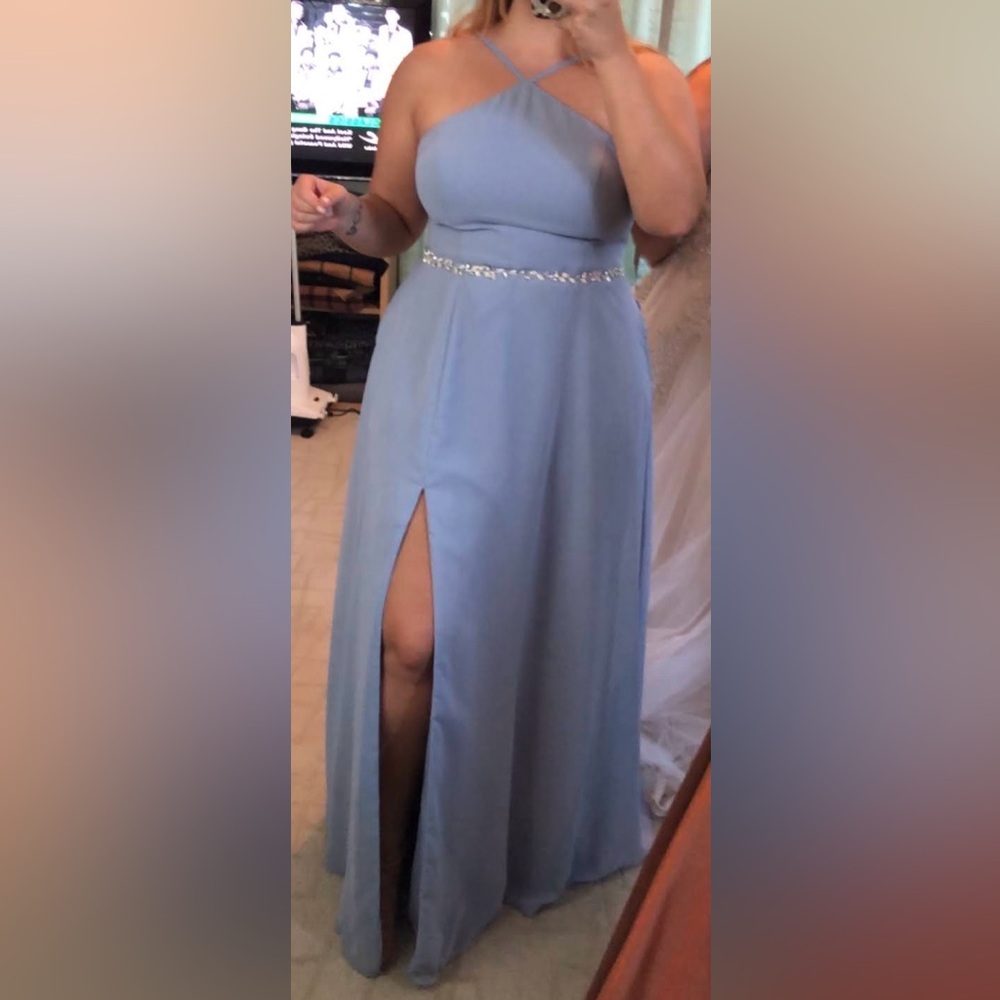 Azazie Bailey dress with added belt in dusty blue